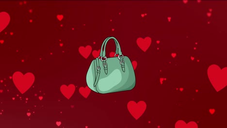 Animación-Digital-Del-ícono-De-Una-Bolsa-Femenina-Sobre-Múltiples-íconos-De-Corazón-Flotando-Sobre-Un-Fondo-Rojo