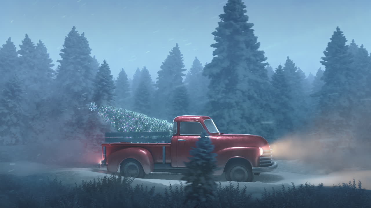 크리스마스 픽업 트럭이 눈 인 숲을 통해 크리스마스 트리와 함께 운전합니다.