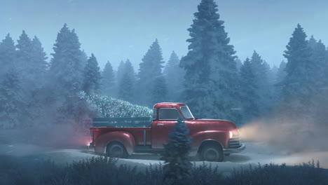 loop christmas pickup truck driving with a christmas tree through a snowy forest