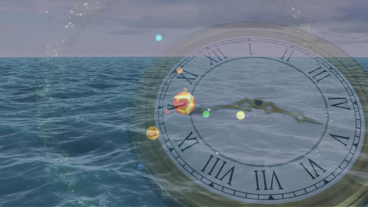 태양계, 행성 및 공간의 애니메이션 시계 티킹