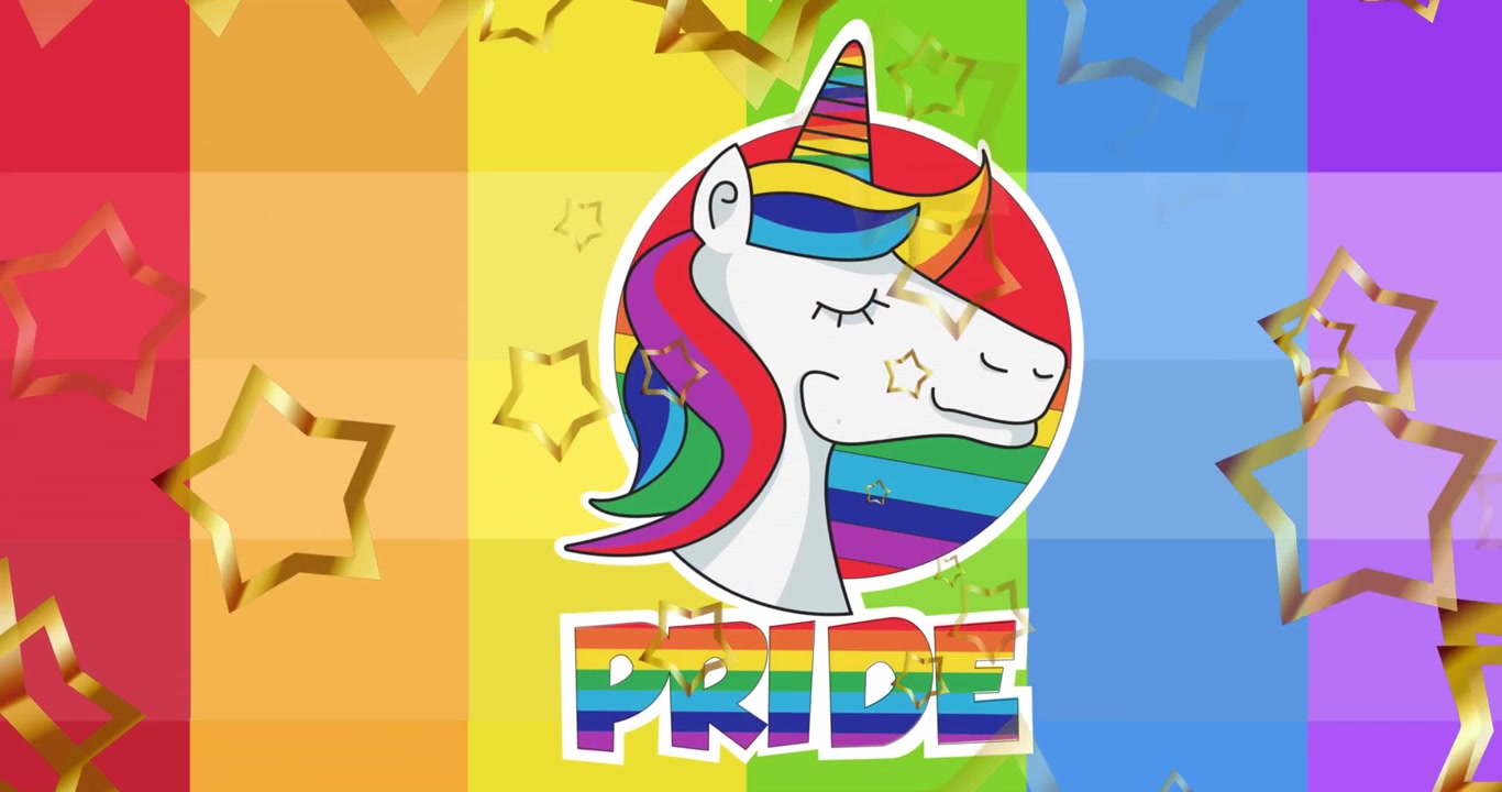 Animazione di stelle cadenti sopra un unicorno e testo "pride" su un arcobaleno