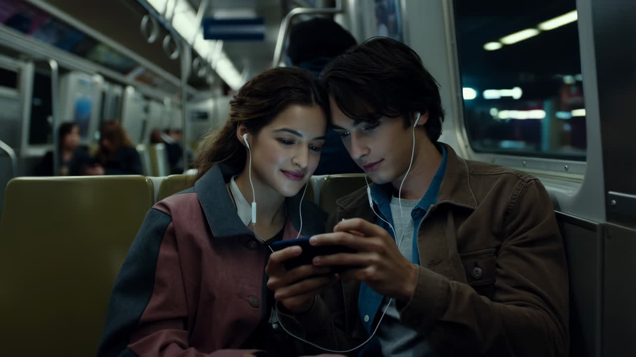 Young Couple Sharing Media on a Train