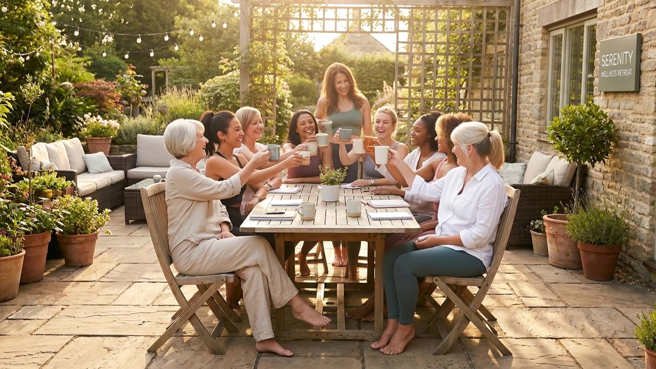 Grupo de mujeres diversas riendo y hablando juntas mientras comparten bebidas en una mesa de patio al aire libre.