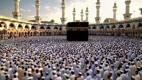 aerial view of a large crowd in white garments surrounding a central black structure