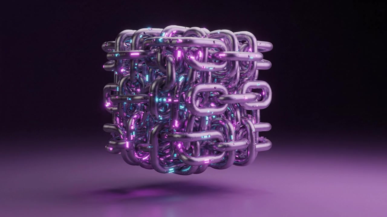 Una visualizzazione 3D generata di una struttura intricata con catene luminescenti, che combina maglie metalliche con vivaci effetti di luce viola e blu su uno sfondo scuro.