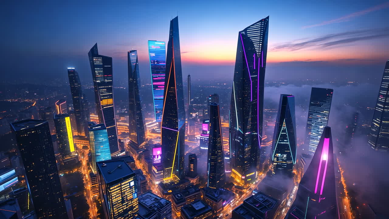 Futuristic Cityscape at Dusk with Illuminated Skyscrapers