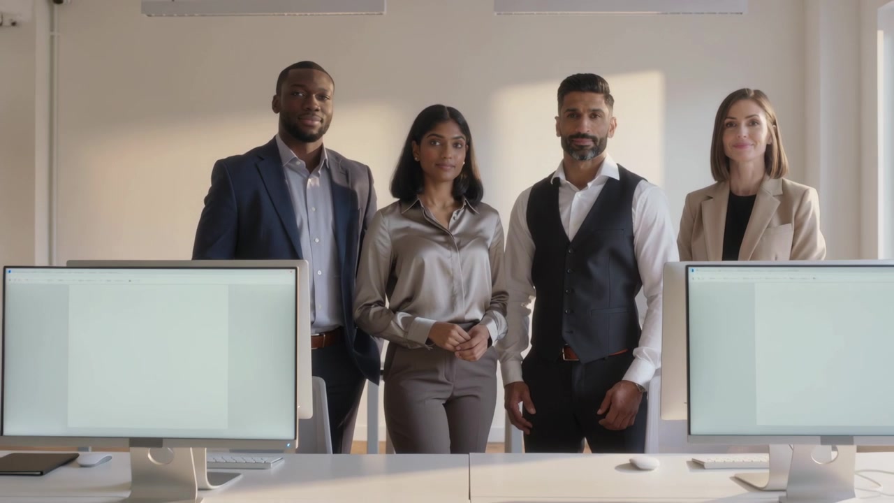 La telecamera si allontana rivelando un team di quattro persone in abiti da lavoro in ufficio per mostrare i monitor.