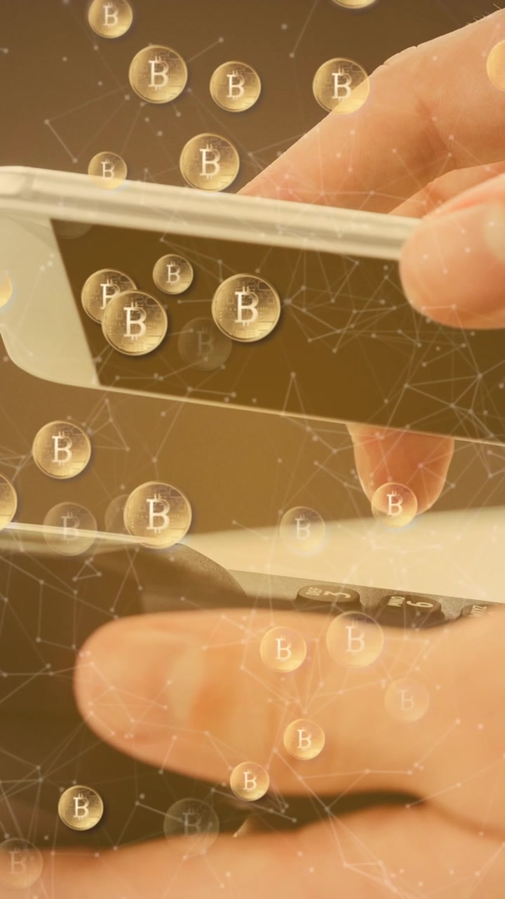 Animazione di bitcoin su smartphone e terminale di pagamento