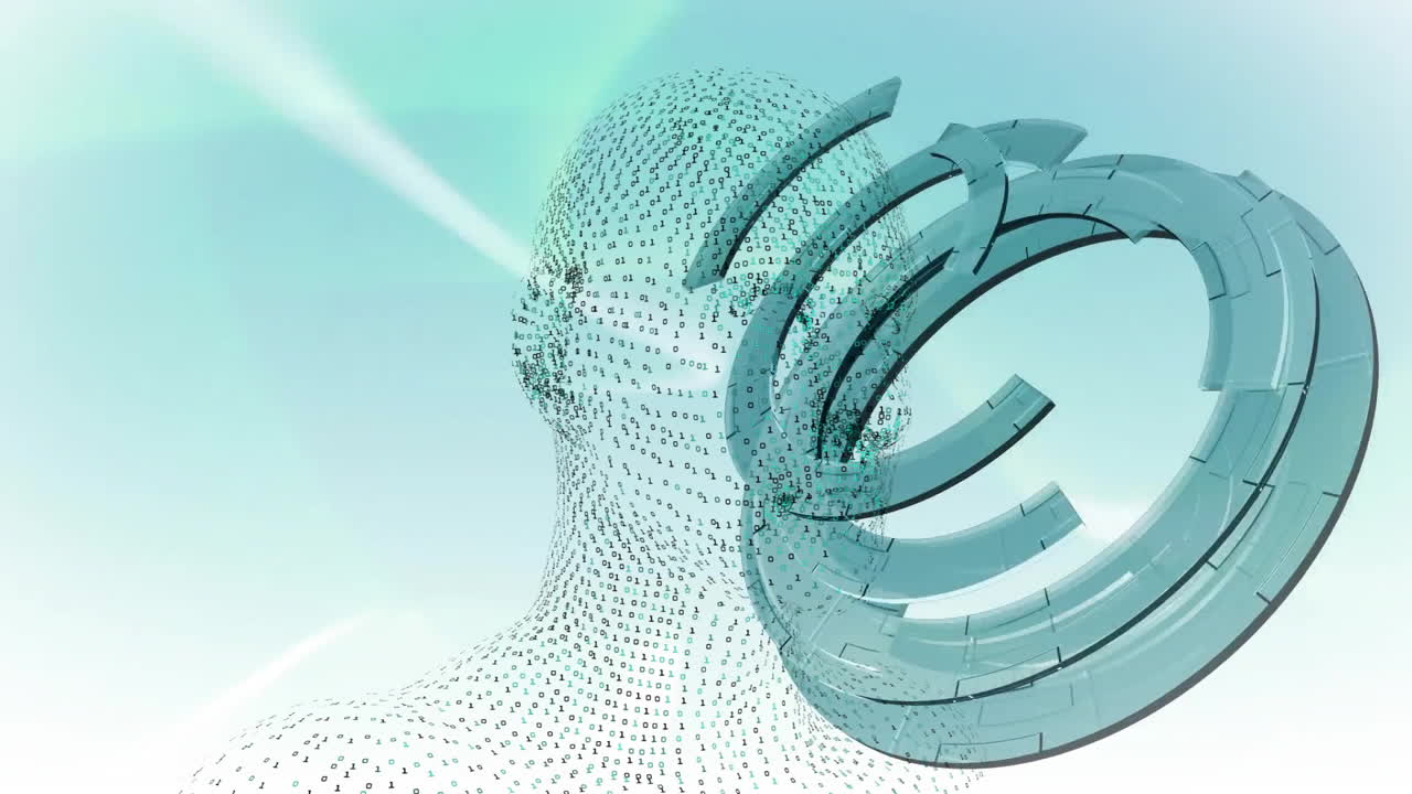 Animation of digital human head with binary code and abstract circular elements