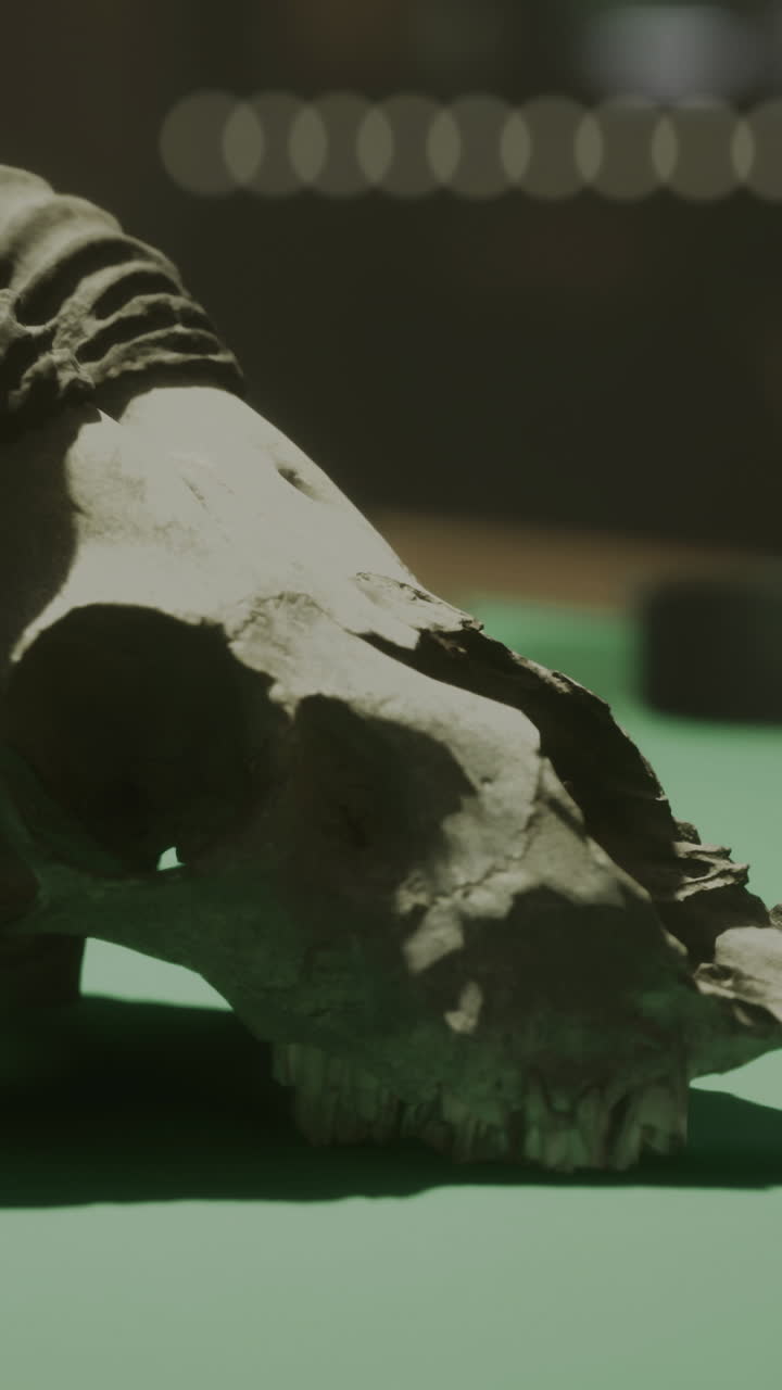 Display of a ram skull resting on a green billiard table in dim lighting