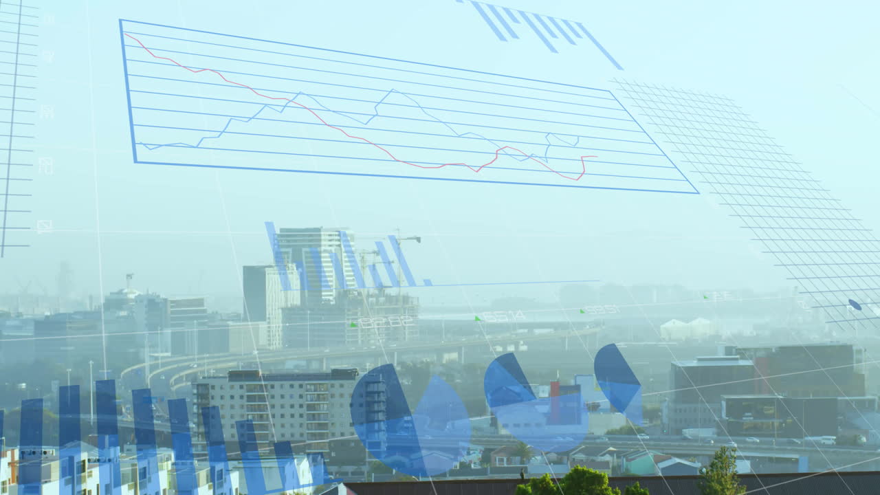 Animation der Finanzdatenverarbeitung über Stadtlandschaft