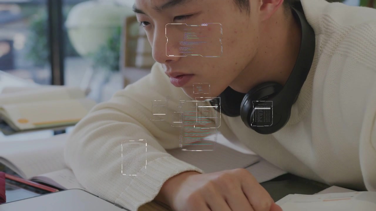 นักเรียนชายเงยหน้าขึ้น ขยี้ตาที่โต๊ะ เห็นแล็ปท็อปทำให้เกิดภาพซ้อน UI จางๆ สำหรับการเรียน