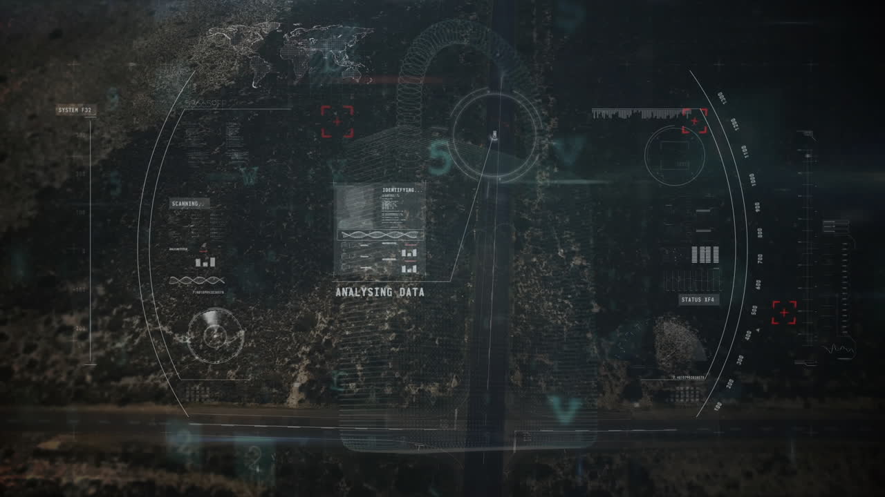Animation of data processing and security icons over cityscape