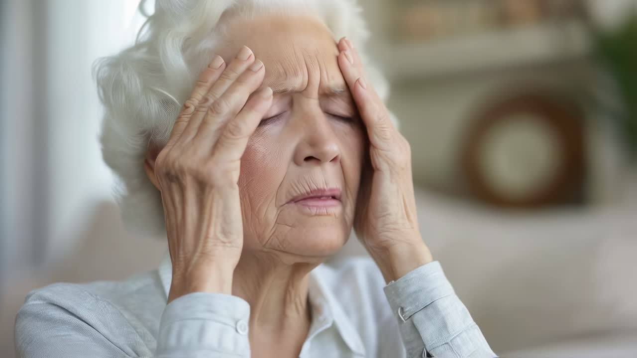 mujer anciana que sufre de dolor de cabeza