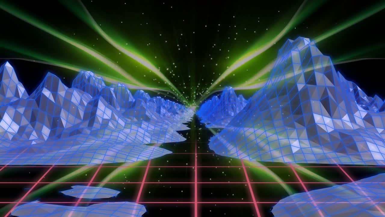 Camera moving forward through neon grid canyon with ridges sweeping and aurora undulating for loop