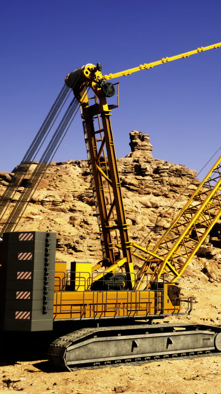 Un escavatore pesante opera in un cantiere in un paesaggio desertico arido