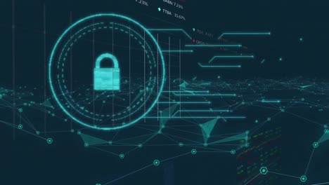 animation of lock in circle, dots connecting with lines over stock market data