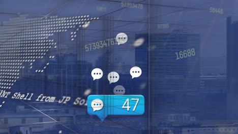 animation of social media numbers and icons and data processing ove cityscape in background