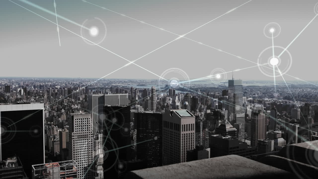 Aerial view of city skyline with data connections