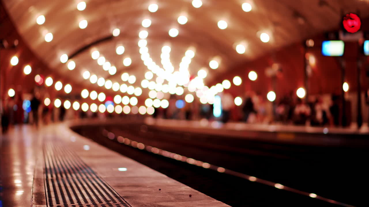 Blurry view of people and trains moving through the train station with bright lights