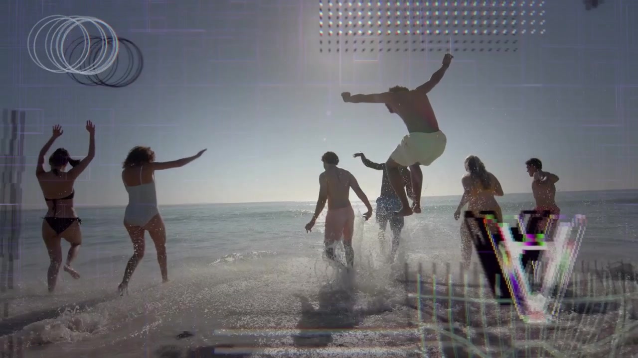 Crew running into surf for fun, lead with board sparking sprint, glitch grid casting shadows, ads