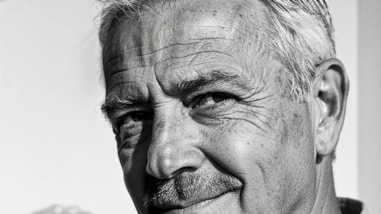Telecamera che si allontana, mostrando un uomo anziano con rughe e colletto, che si muove e sorride sotto la luce del sole.