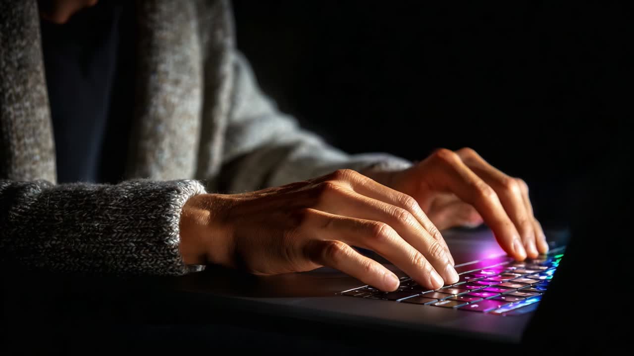 The Subtle Glow of Technology: A Close-Up of Hands Typing on a Laptop Keyboard at Night, Highlighting the Blend of Light and Shadow in a Cozy Indoor Setting