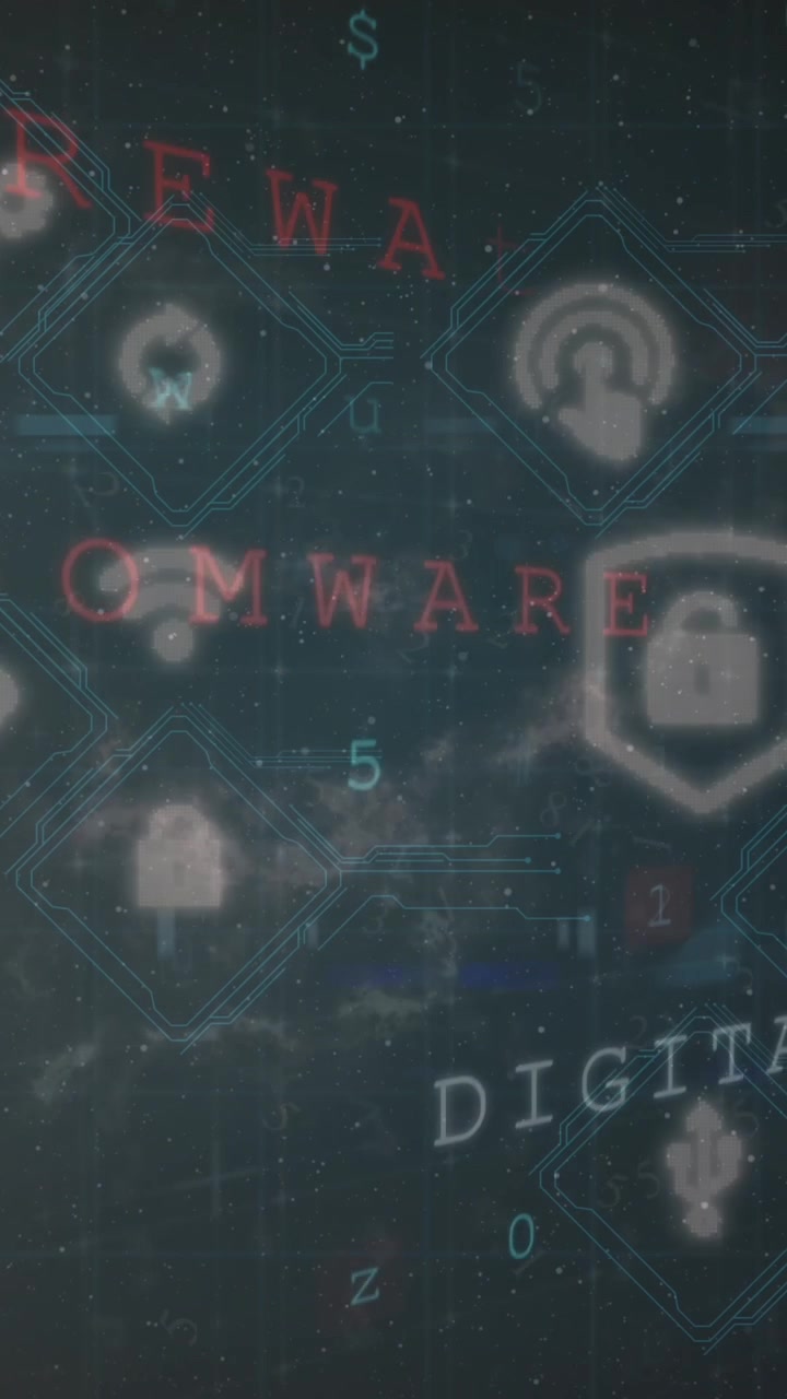 Animazione di rete di icone multimediali con messaggi di avviso di sicurezza su sfondo scuro