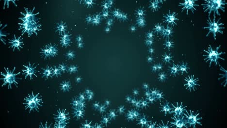 flying many virus cells on black background. medical concept, microscopic illustration. 3d animation of virus molecule rotating. loop animation.