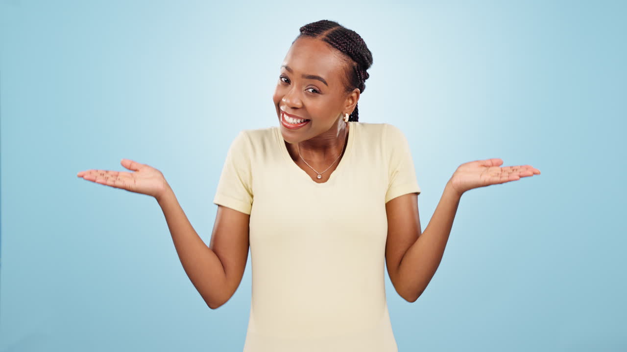 Choice, options and face of black woman in studio