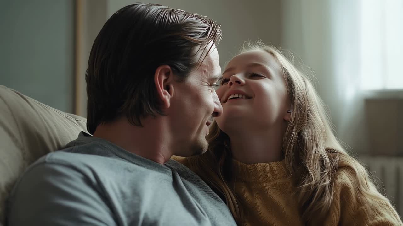 Daughter raising chin inviting dad leaning in gazing at home on sofa, grey-shirt mustard-sweater