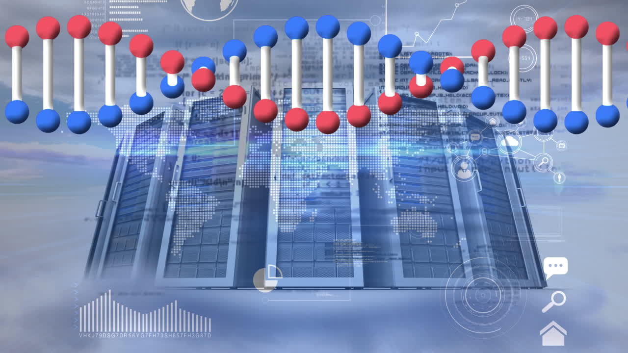 animación de la cadena de adn, procesamiento de datos y servidores en las nubes