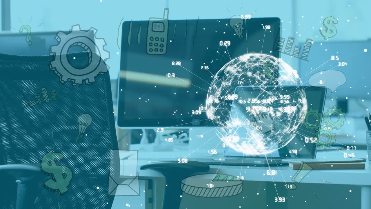 빈 사무실 위에 연결 네트워크와 미디어 아이콘의 애니메이션