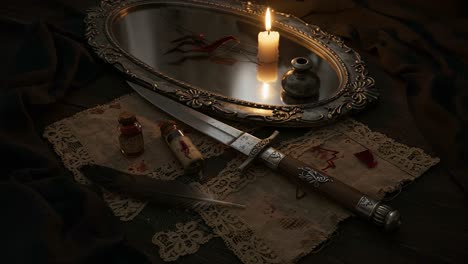 a mysterious assembly of shadows: a tantalizing scene featuring a candlelit knife, vintage bottles, and an intricate mirror reflecting dark secrets