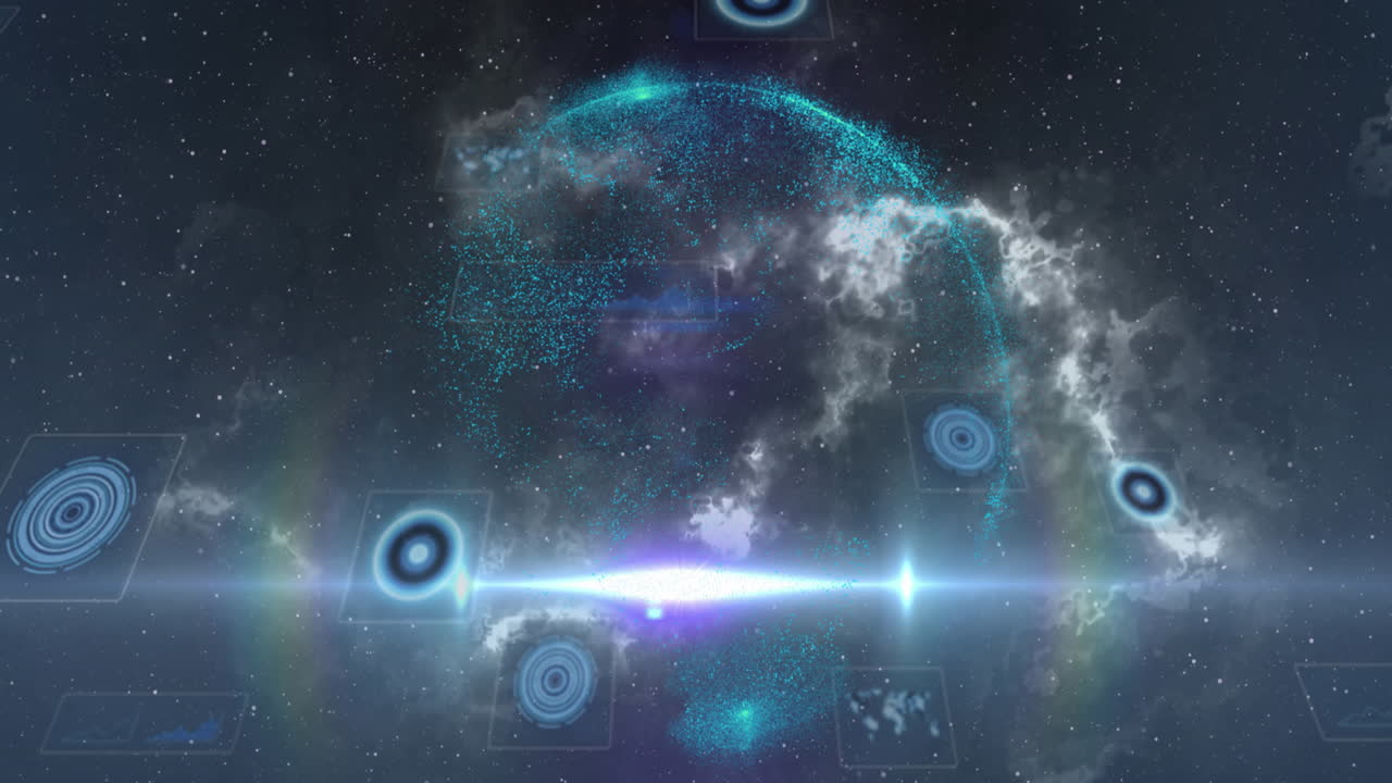 Composition of scopes scanning on screens over globe and universe