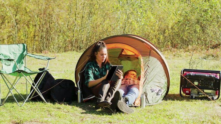Smuk ung kvinde bruger sin tablet foran et campingtelt.