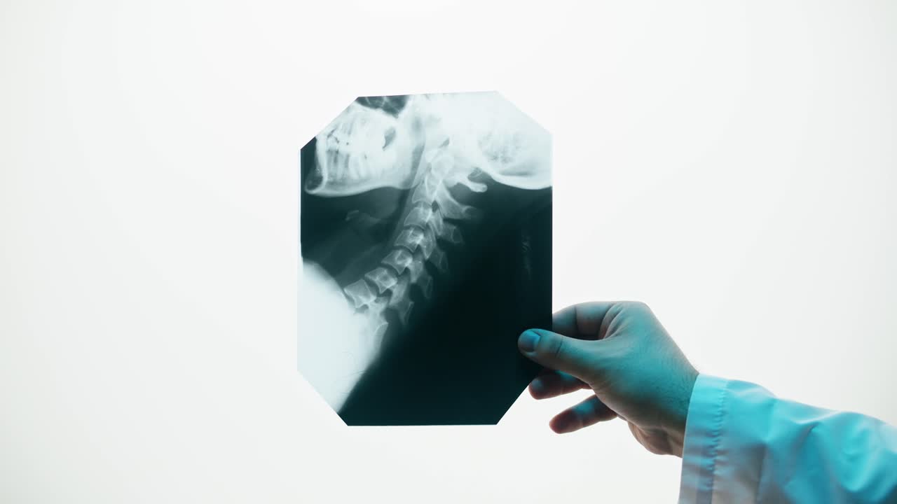 Medico che tiene una lastra radiografica del collo e del cranio umano.