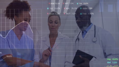 medical team reviewing analytics in hospital corridor, using floating graph and tablet overlays