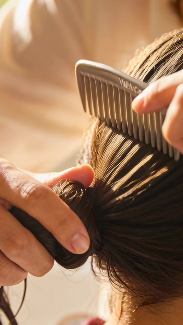 Vertical video: Holding nape twist, she combing with wide comb, pulling band, tying low bun at home