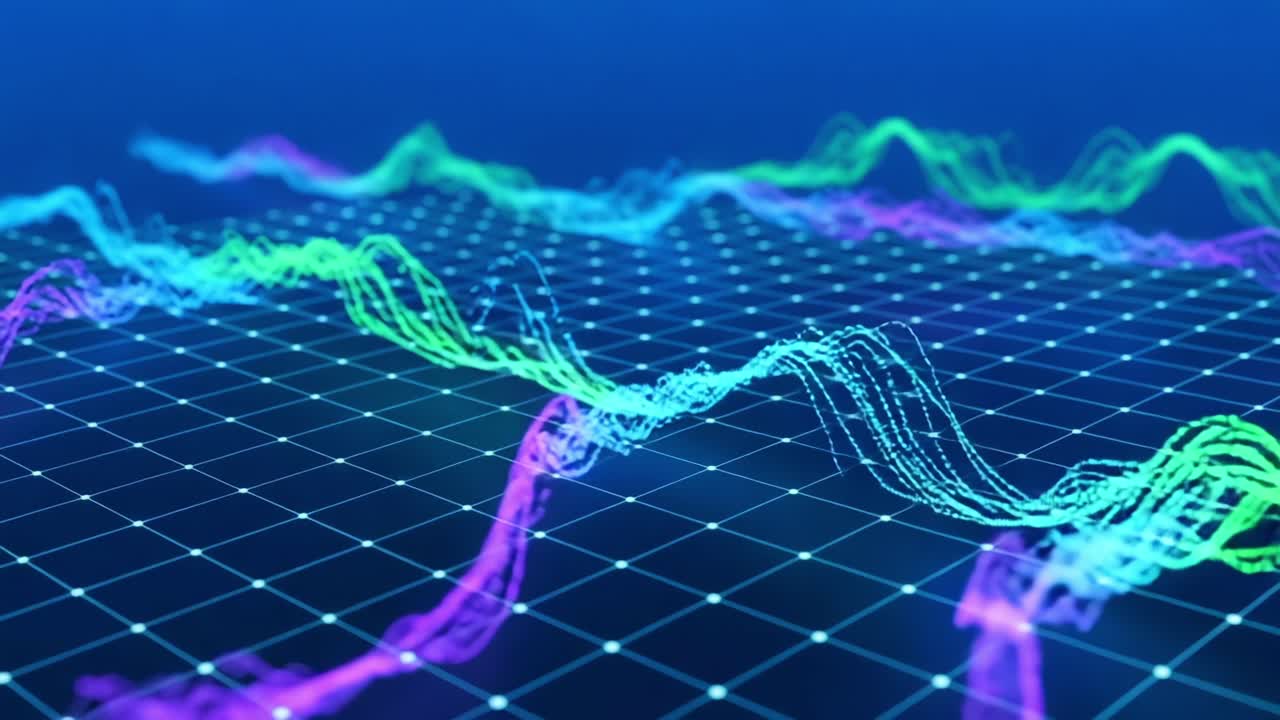 Visual Representation of Data Trends with Colorful Waveforms and a Grid Background, Highlighting Fluctuations in Information Processing Over Time