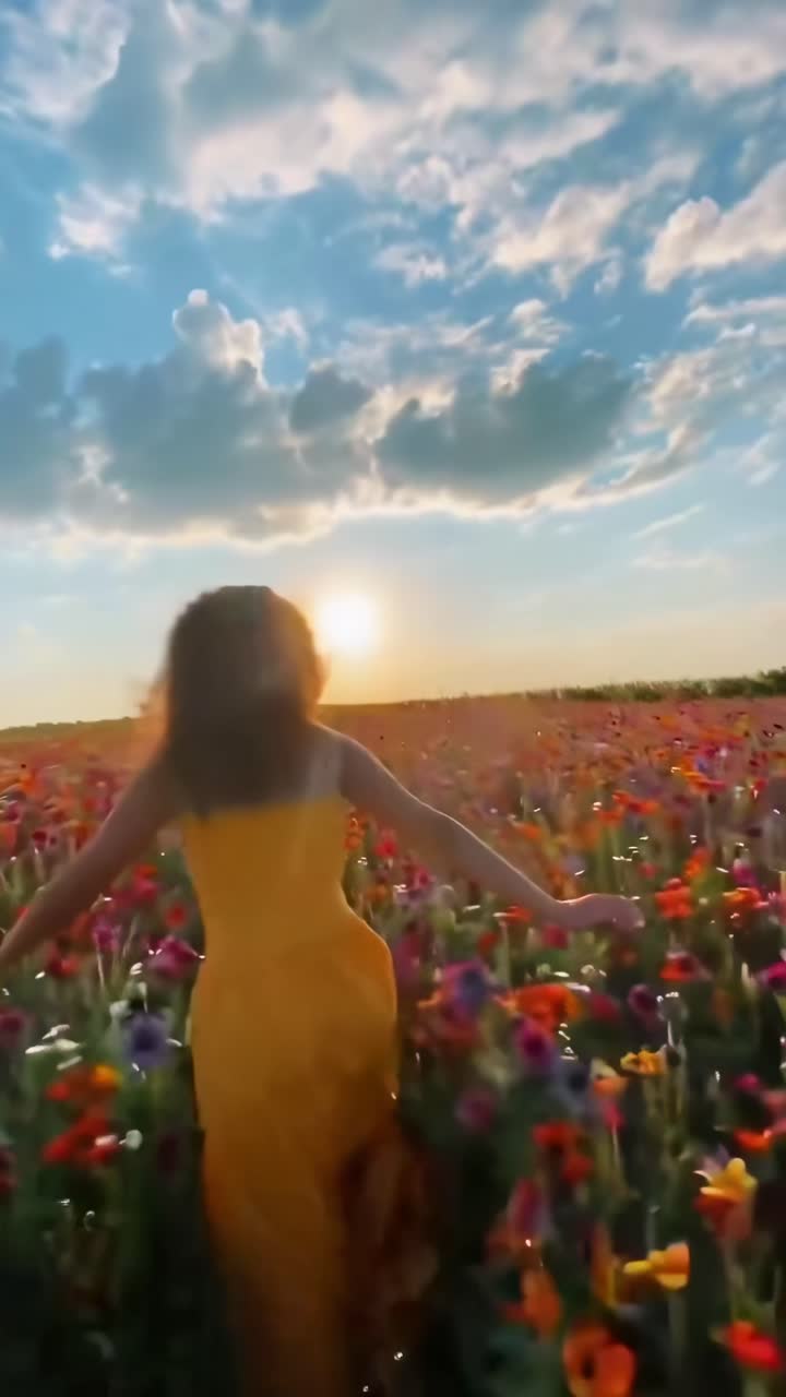 Arkadan çekilmiş sinematik bir video, canlı bir ortamda yürüyen sarı elbiseli bir kadını gösteriyor.