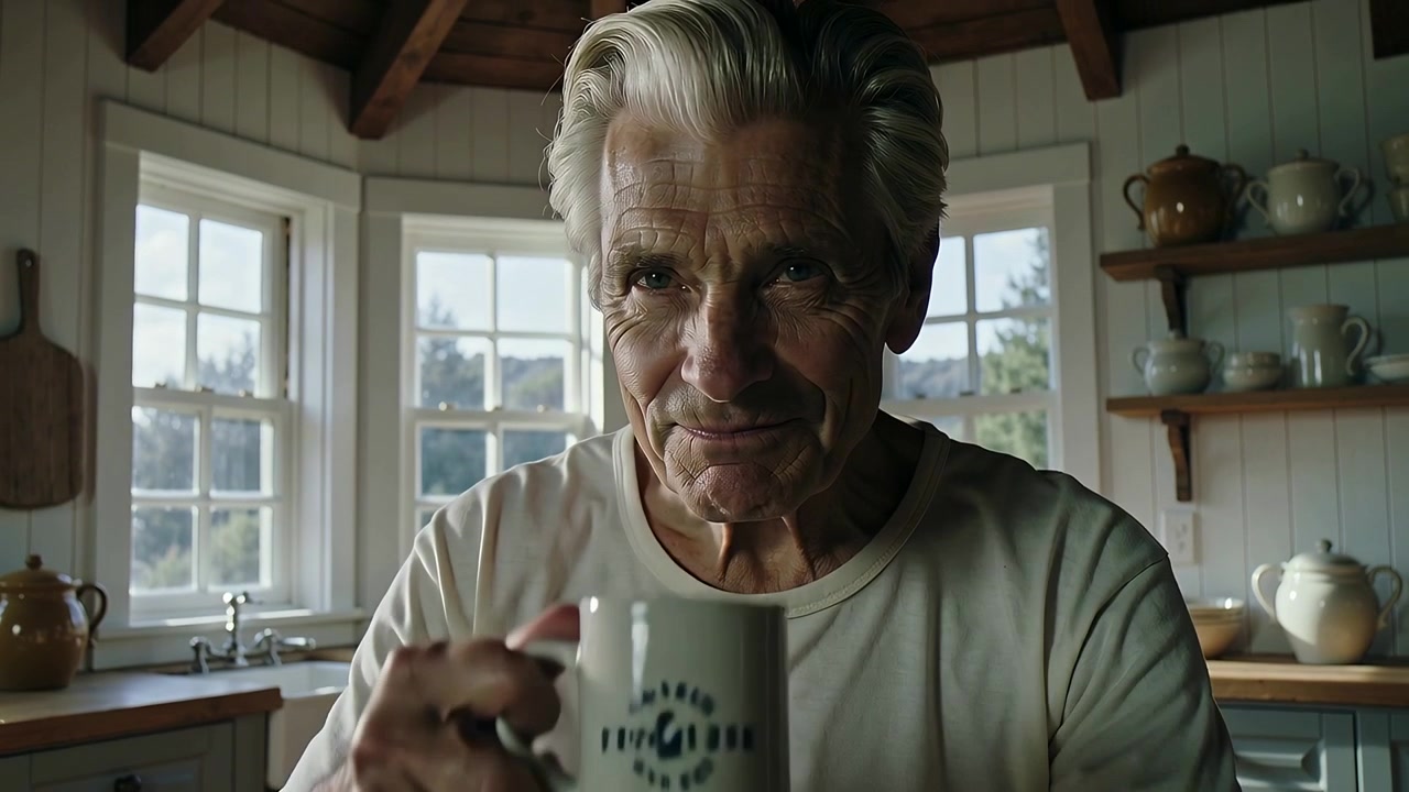 Ripresa dal basso, uomo anziano con maglietta chiara che solleva una tazza in ceramica e sorseggia nella cucina di un cottage, con logo