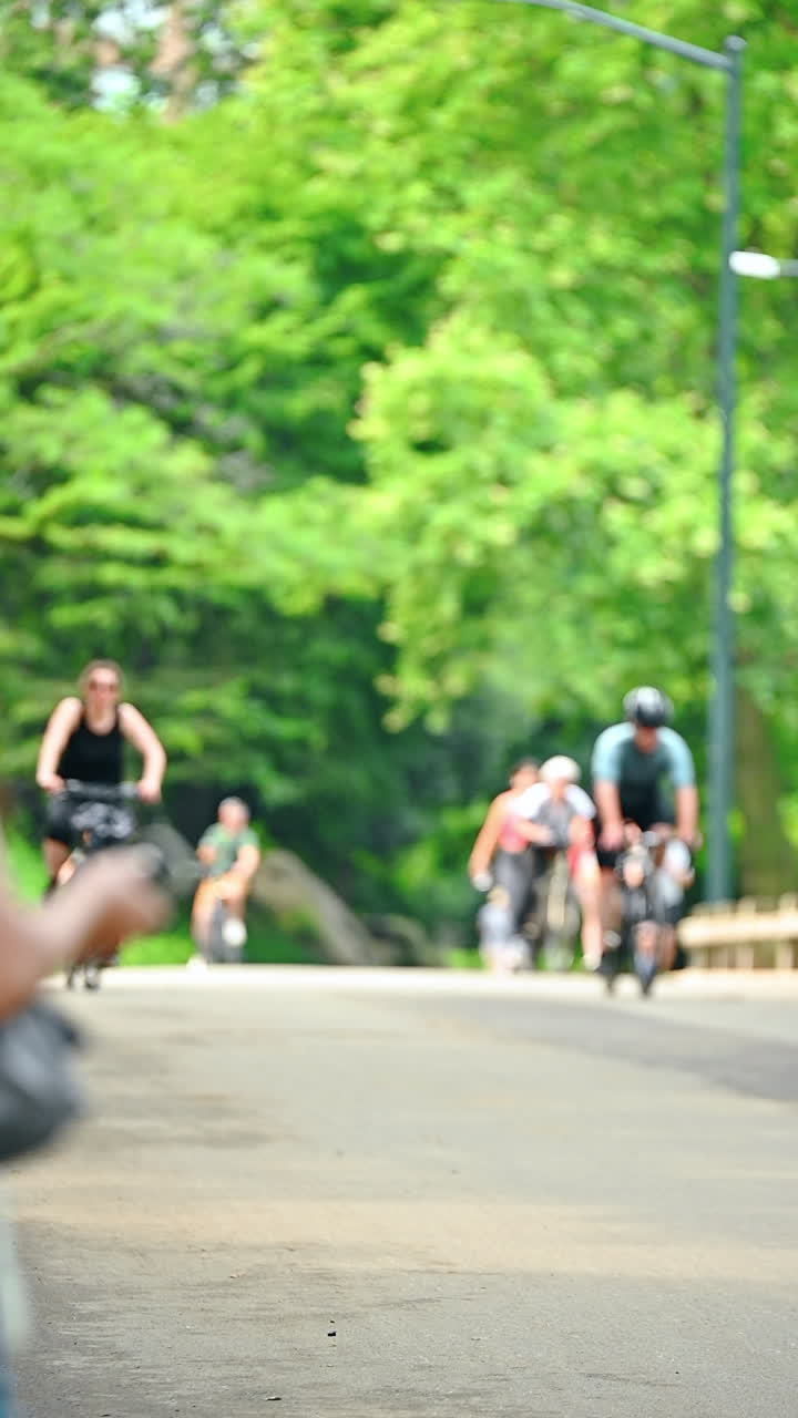 New York, USA, 28 July 2025: Sunny bike ride in Central Park. Bikers navigate through a sunny path in Central Park, with green trees lining the trail on a warm afternoon