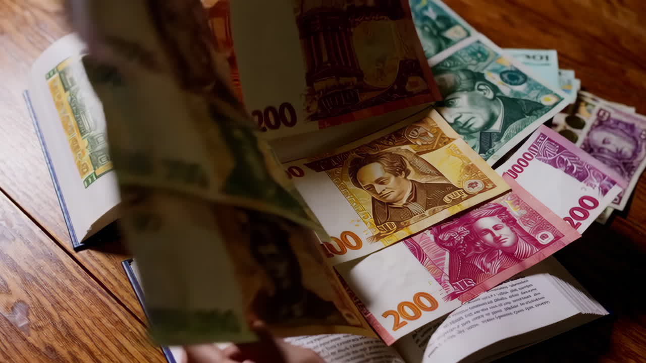 木桌上的書籍和金錢