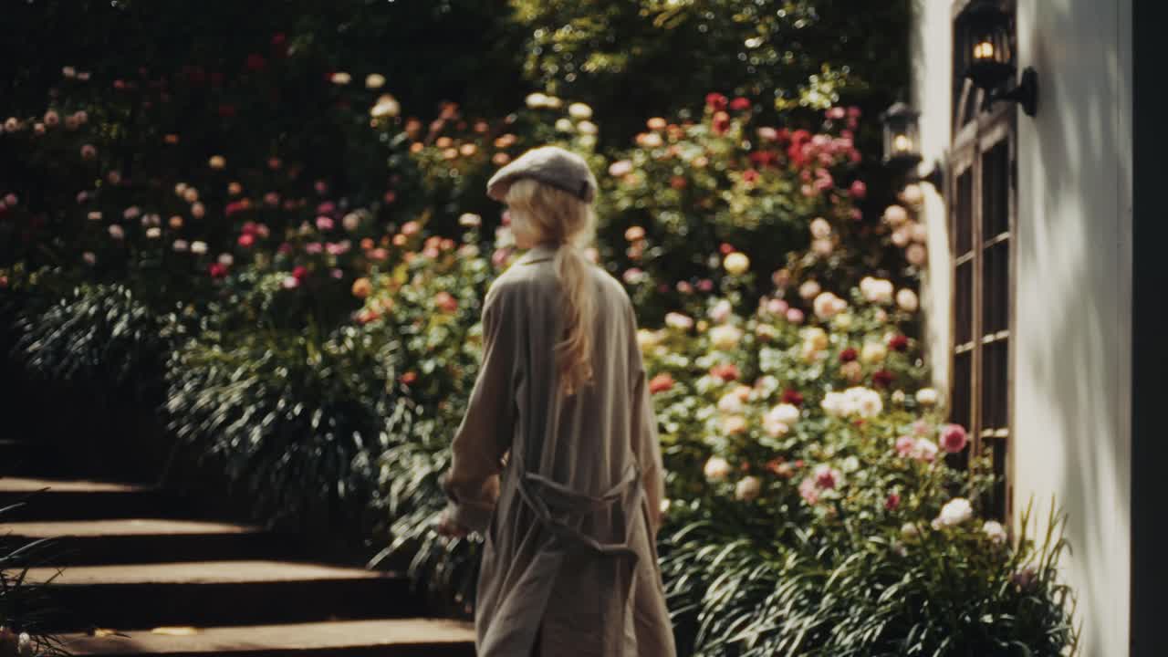 Woman walking through a garden with roses