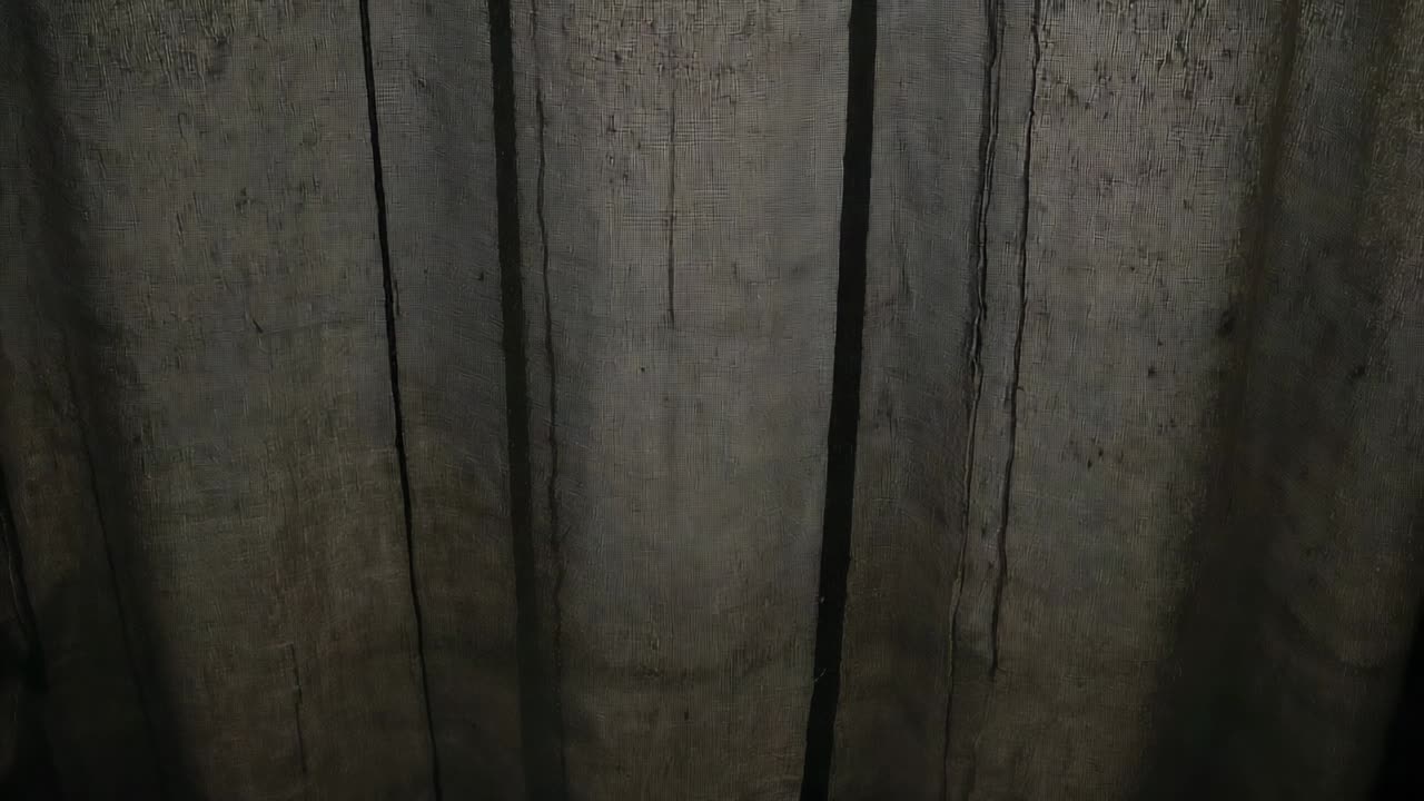 Shifting heavy fabric curtain revealing narrow center slit at room window, backlight rising behind