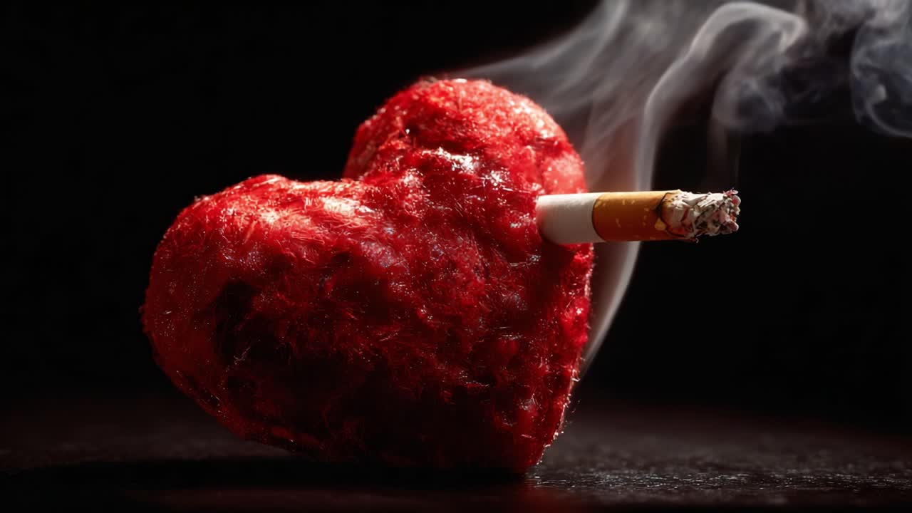 A striking visual metaphor depicting a vibrant red heart with a smoking cigarette, highlighting the contrast between love and unhealthy habits in a dramatic setting