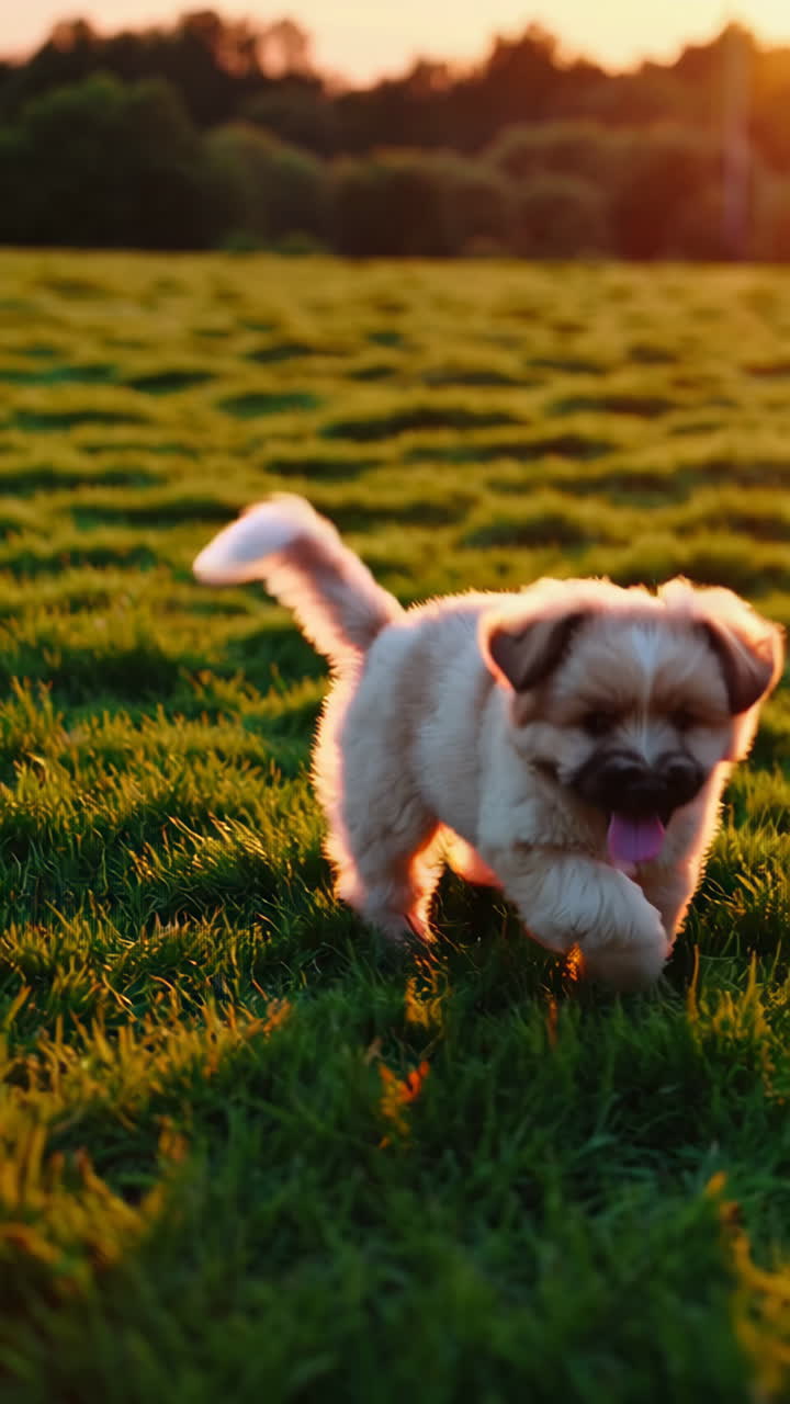 Puppy Running in a Field at Sunset