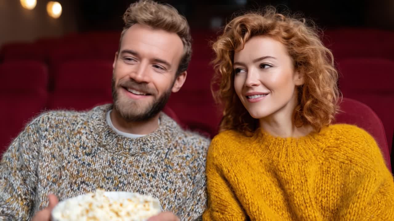 Una coppia affiatata si gode una serata al cinema insieme, condividendo popcorn e risate in una calda e invitante atmosfera teatrale, piena di entusiasmo e gioia