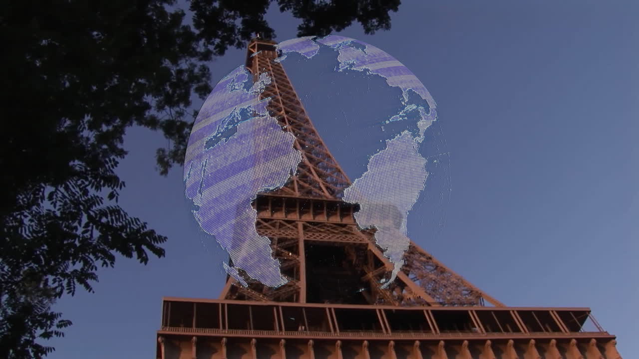 Eiffel Tower with digital globe animation in clear sky background